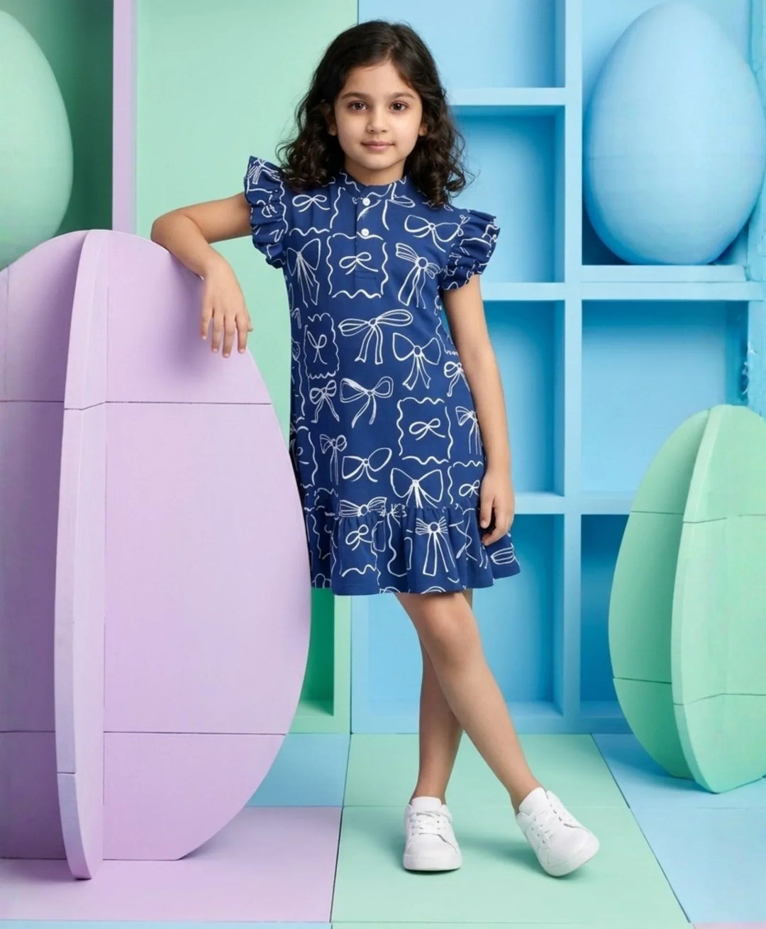 Blue Bow Girls Frill Dress - Blue