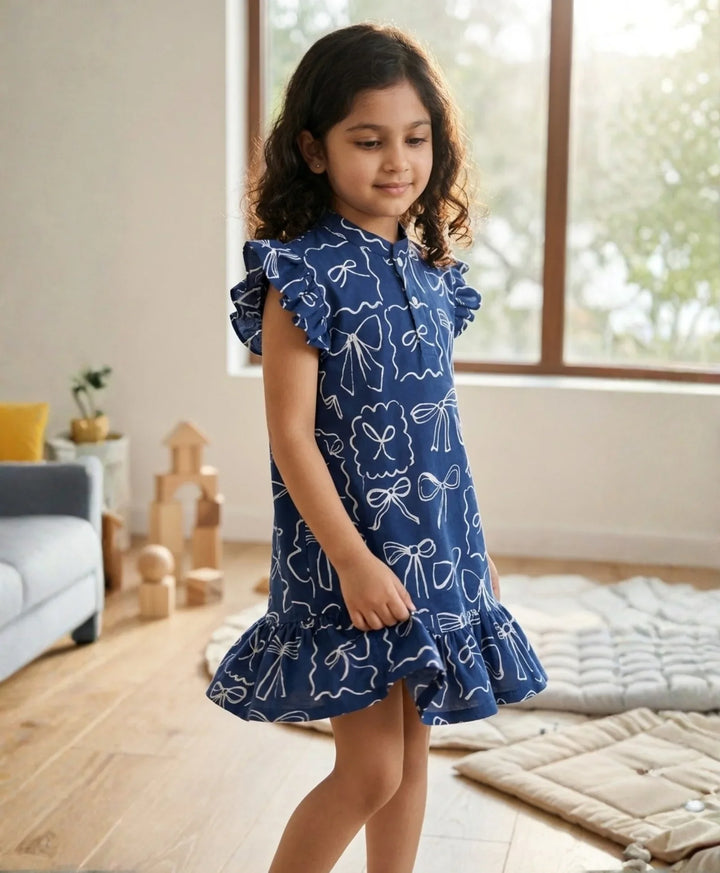 Blue Bow Girls Frill Dress - Blue