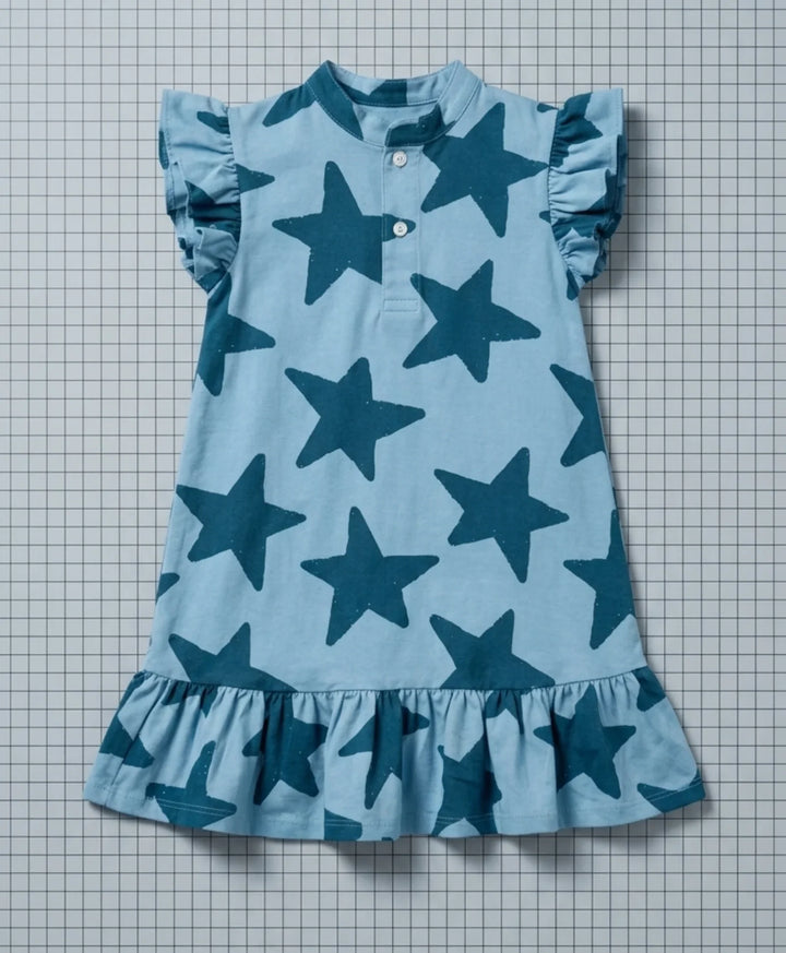 Blue Stars Girls Summer Frill Dress - Blue