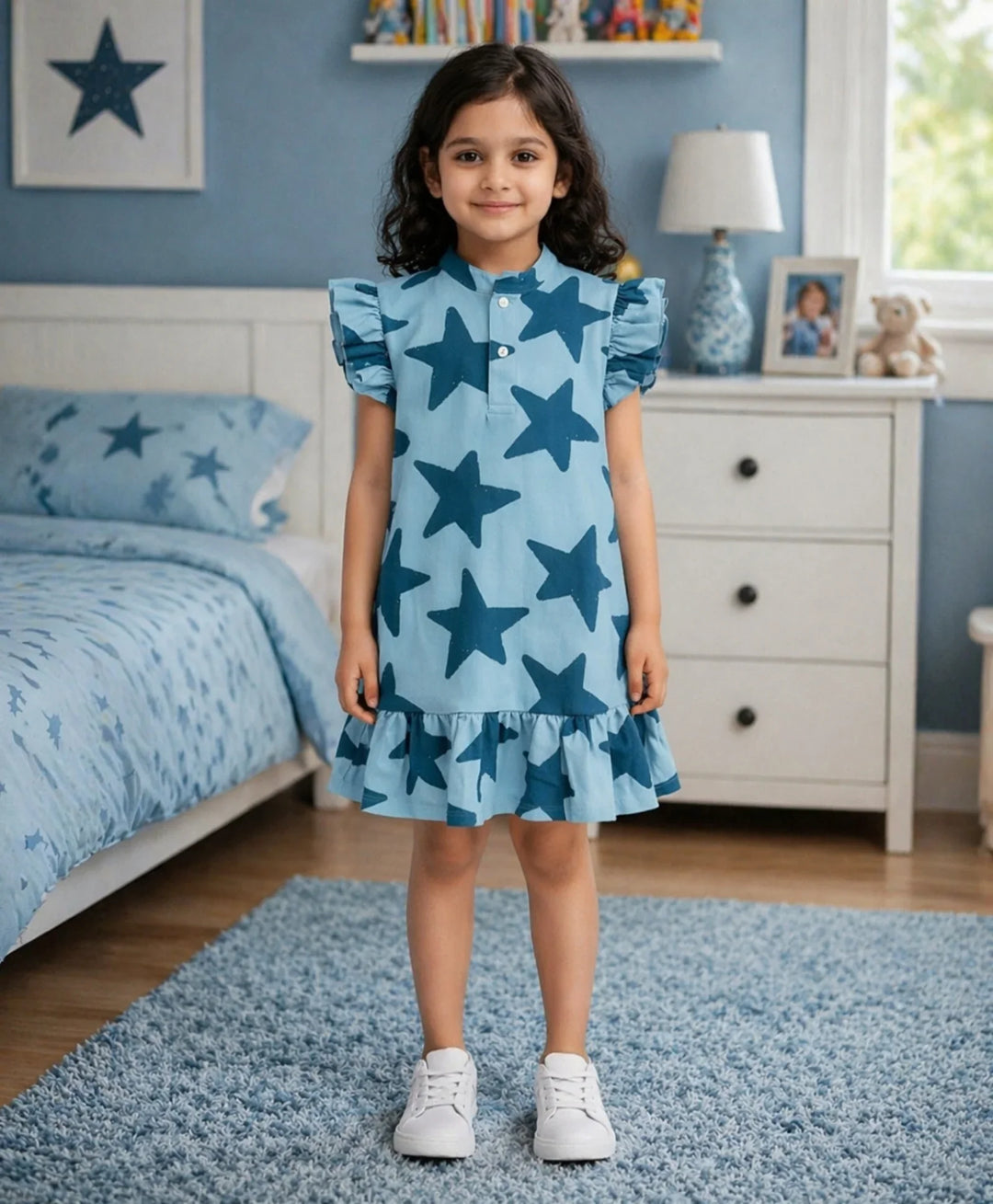 Blue Stars Girls Summer Frill Dress - Blue