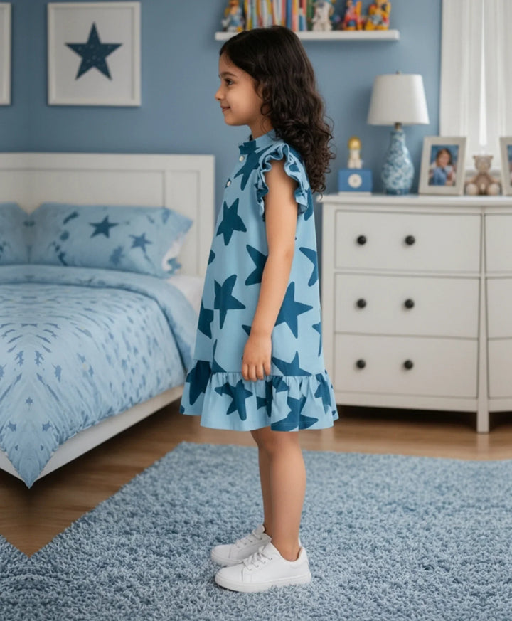 Blue Stars Girls Summer Frill Dress - Blue