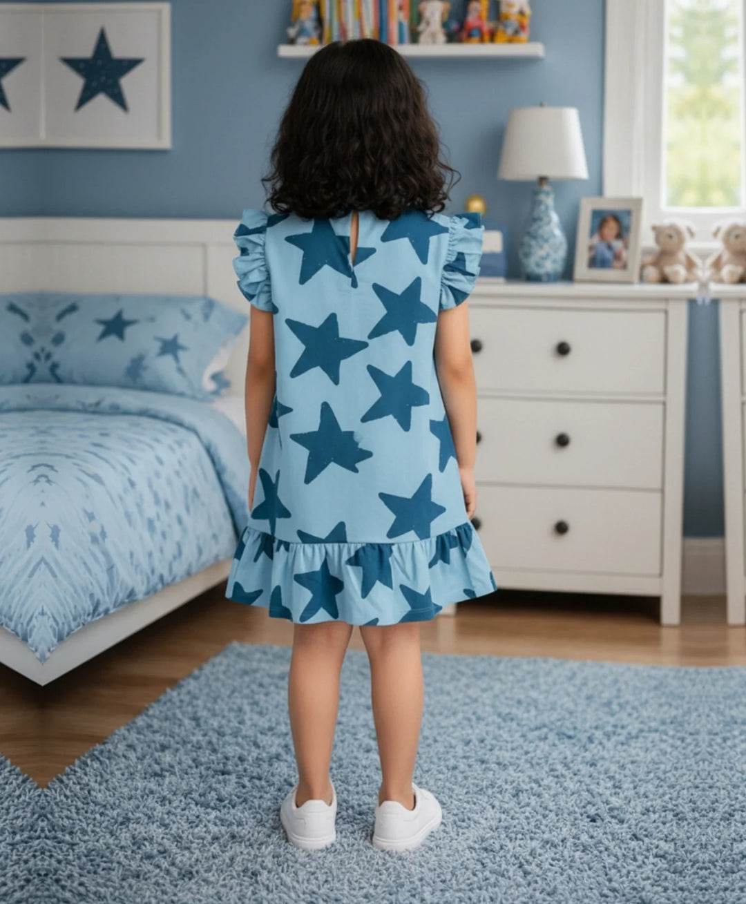 Blue Stars Girls Summer Frill Dress - Blue
