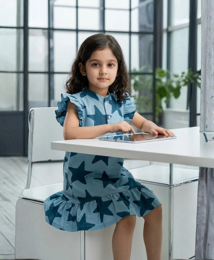 Blue Stars Girls Summer Frill Dress - Blue