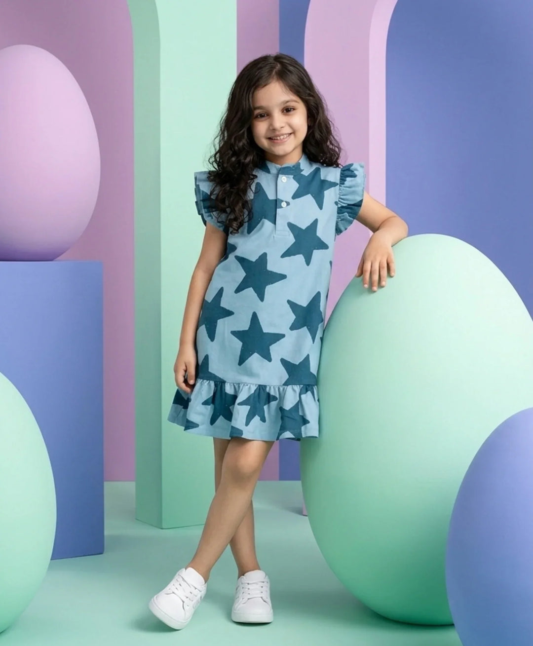 Blue Stars Girls Summer Frill Dress - Blue