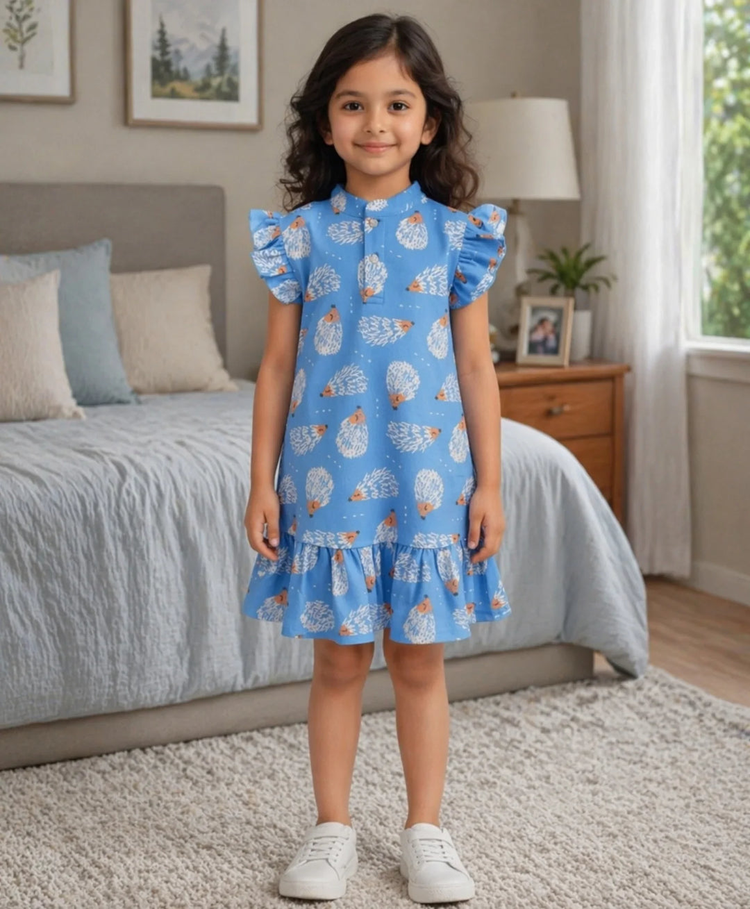 Hedgehog Girls Summer Frill Dress - Blue