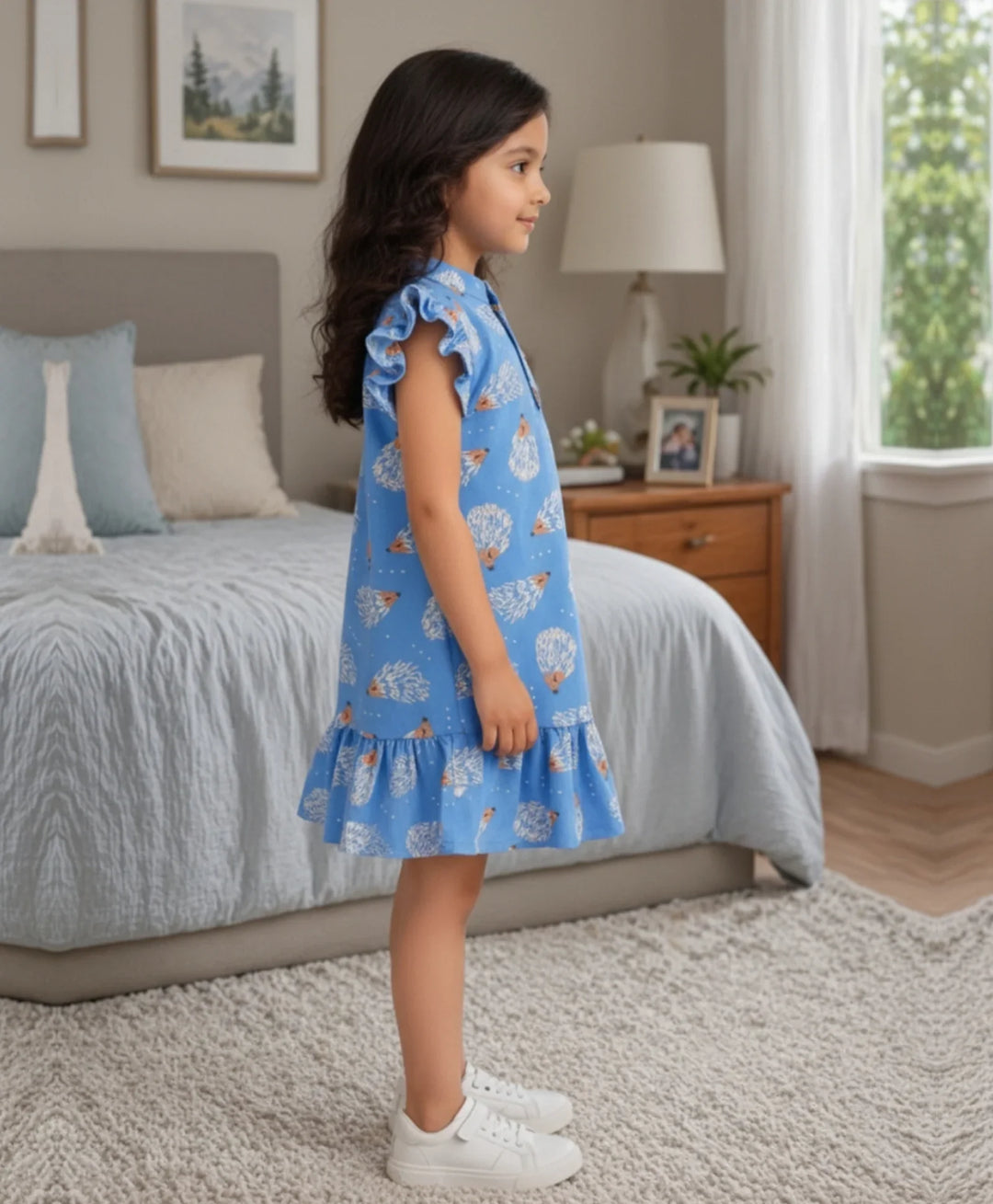 Hedgehog Girls Summer Frill Dress - Blue