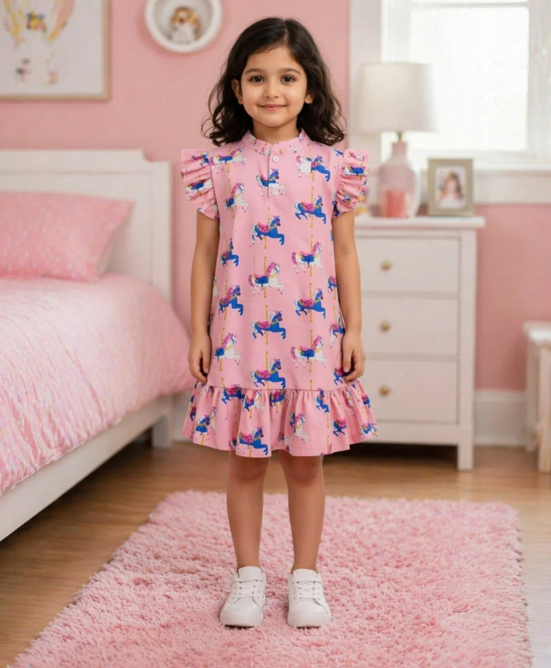 Dancing Unicorn Girls Summer Frill Dress - Pink