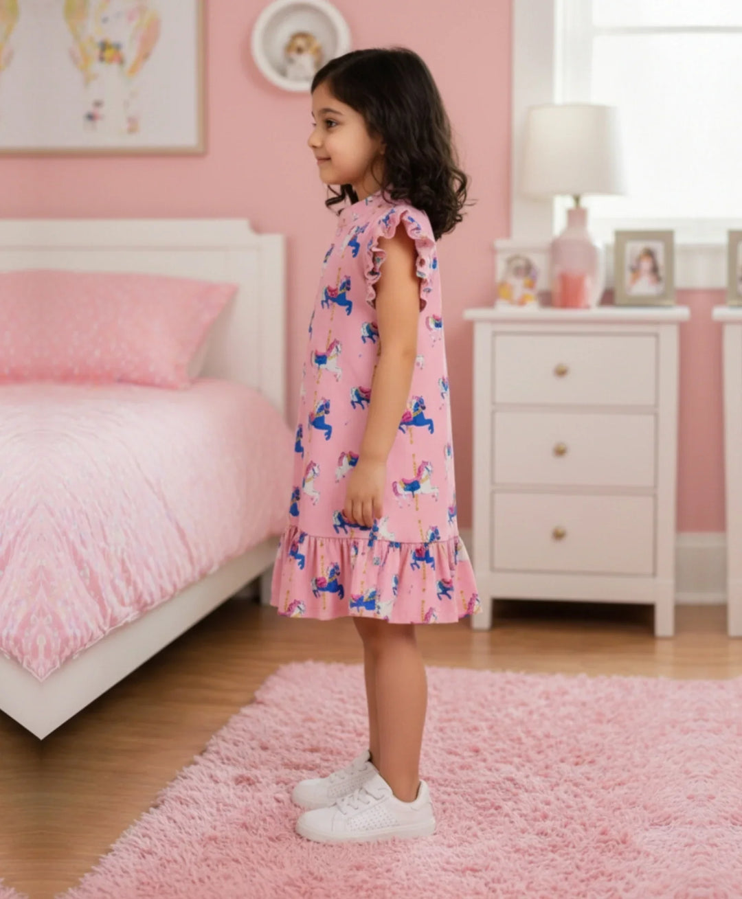 Dancing Unicorn Girls Summer Frill Dress - Pink