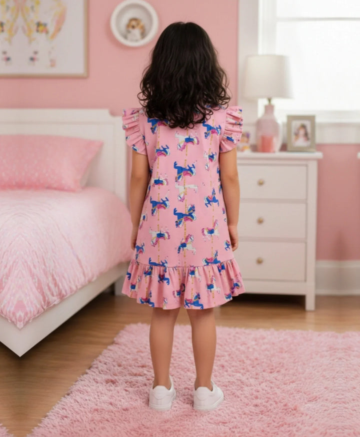 Dancing Unicorn Girls Summer Frill Dress - Pink