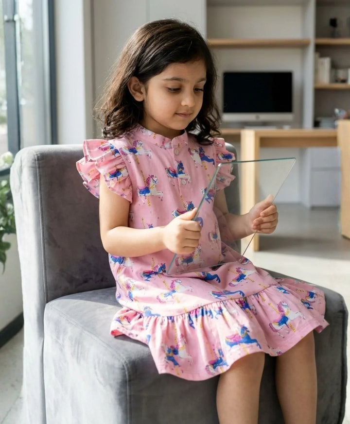 Dancing Unicorn Girls Summer Frill Dress - Pink