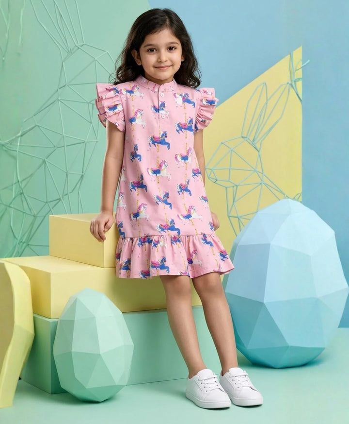 Dancing Unicorn Girls Summer Frill Dress - Pink