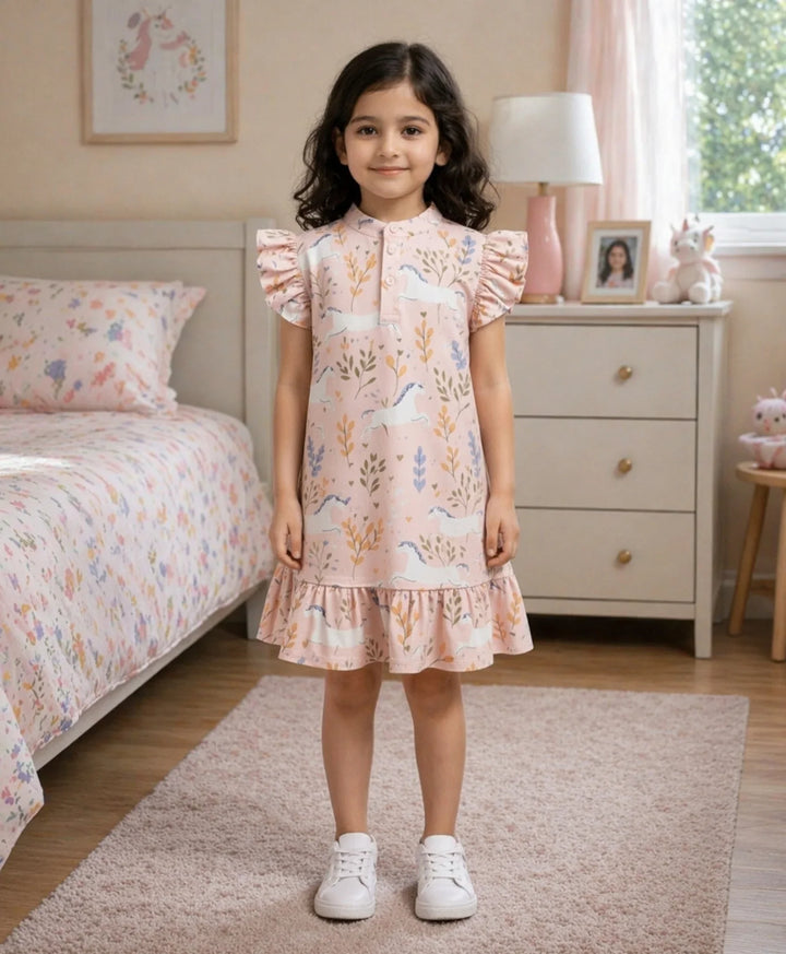 Unicorn Garden Girls Summer Frill Dress - Pink