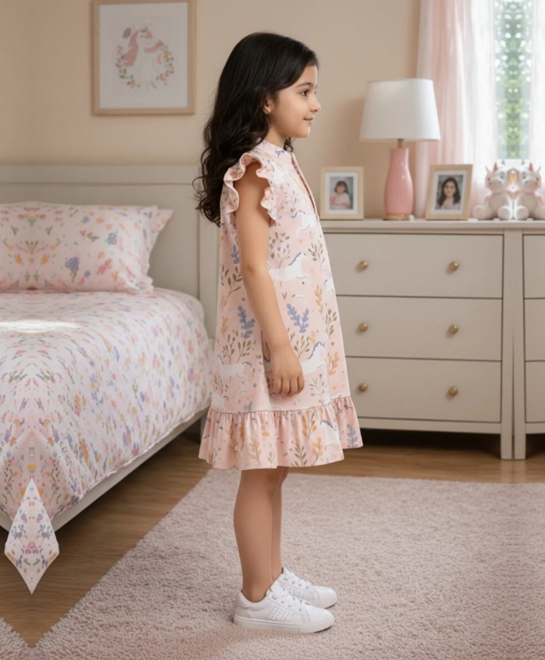 Unicorn Garden Girls Summer Frill Dress - Pink