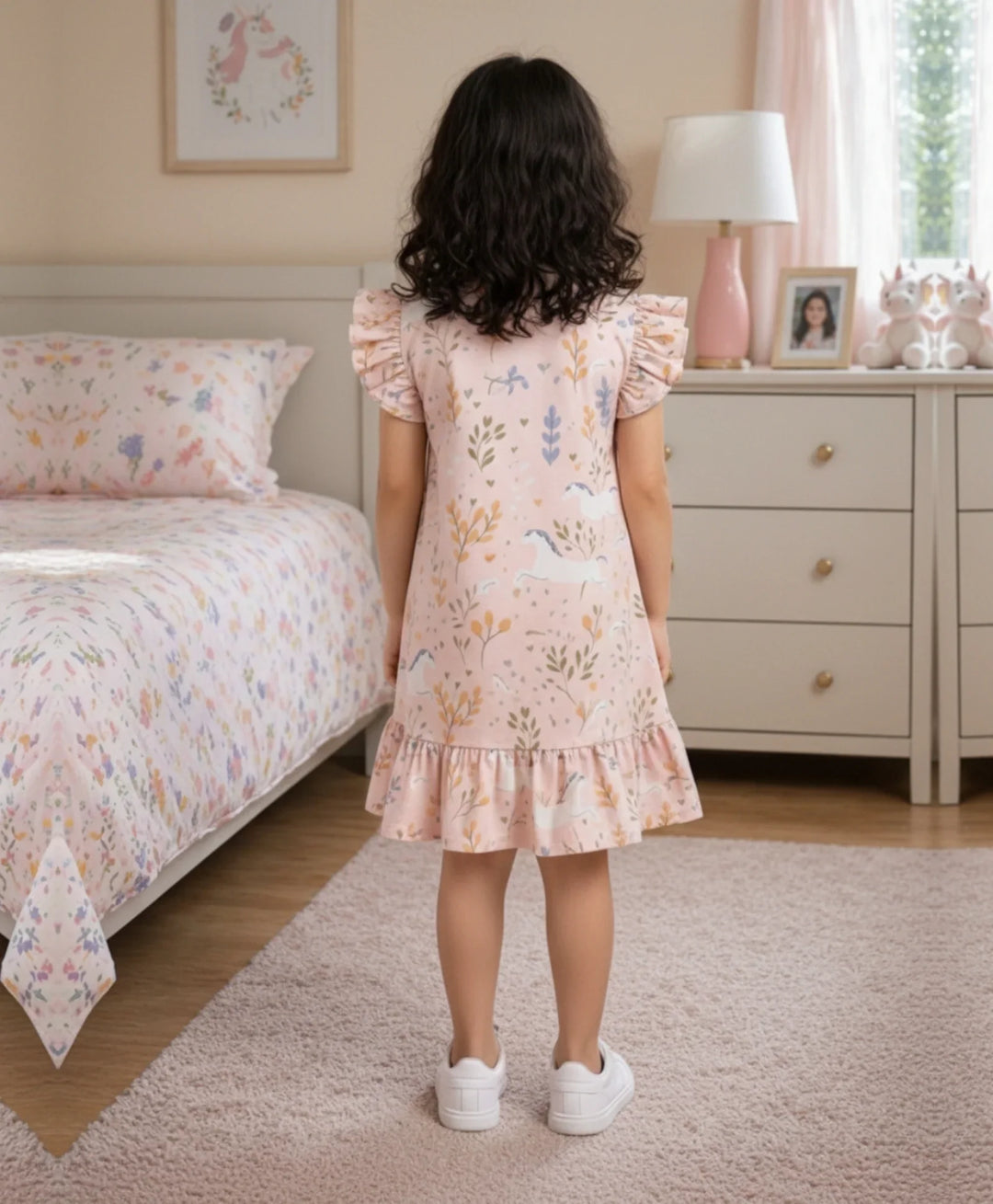 Unicorn Garden Girls Summer Frill Dress - Pink