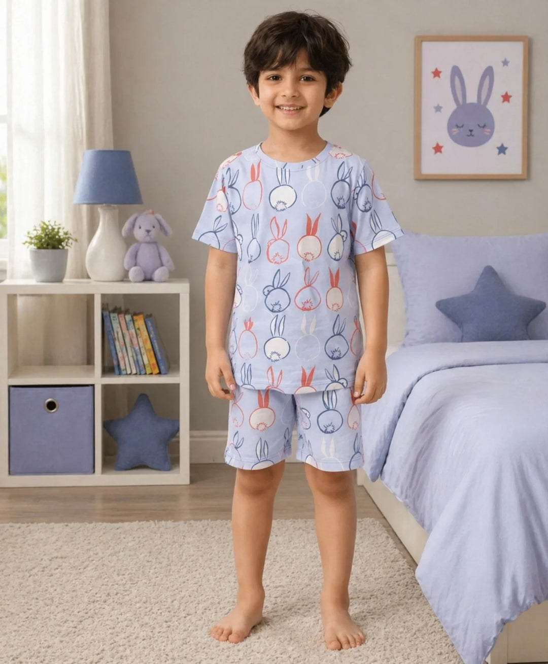 Rabbit Print Boys Sleepwear Short Set - Blue