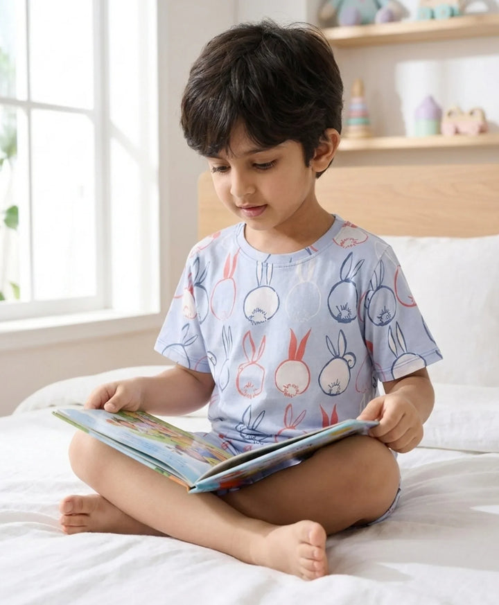 Rabbit Print Boys Sleepwear Short Set - Blue
