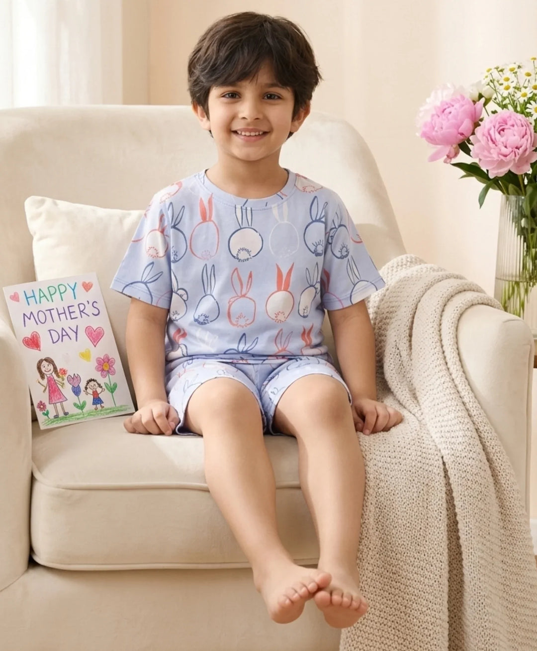 Rabbit Print Boys Sleepwear Short Set - Blue