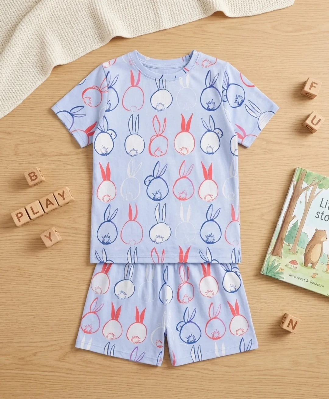 Rabbit Print Girls Sleepwear Short Set - Blue