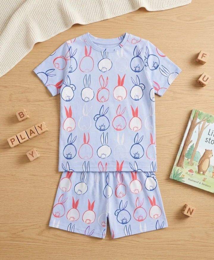 Rabbit Print Girls Sleepwear Short Set - Blue