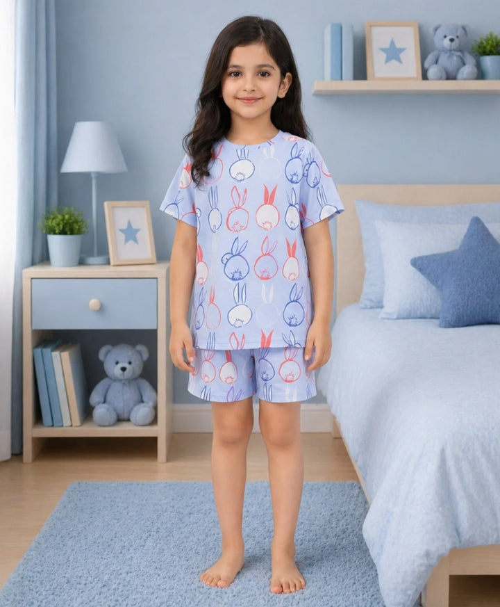 Rabbit Print Girls Sleepwear Short Set - Blue