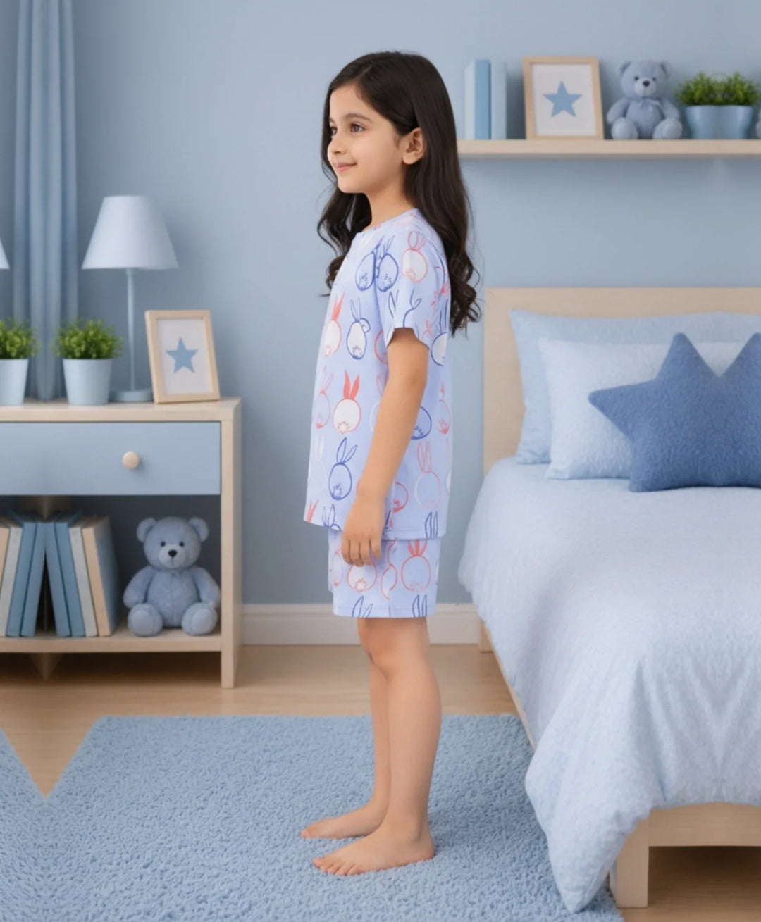 Rabbit Print Girls Sleepwear Short Set - Blue