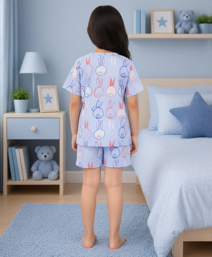 Rabbit Print Girls Sleepwear Short Set - Blue