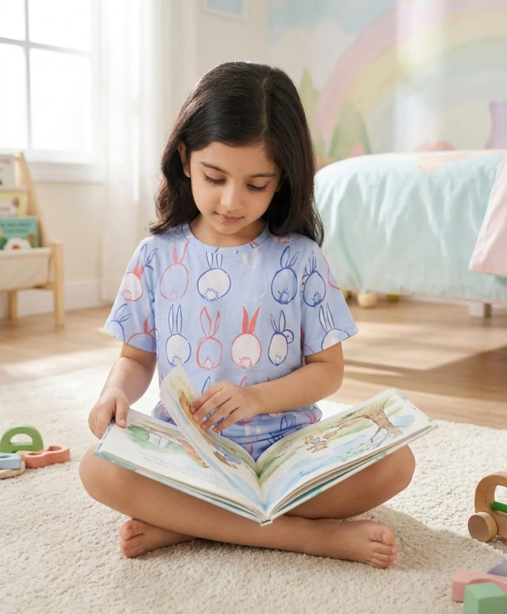 Rabbit Print Girls Sleepwear Short Set - Blue