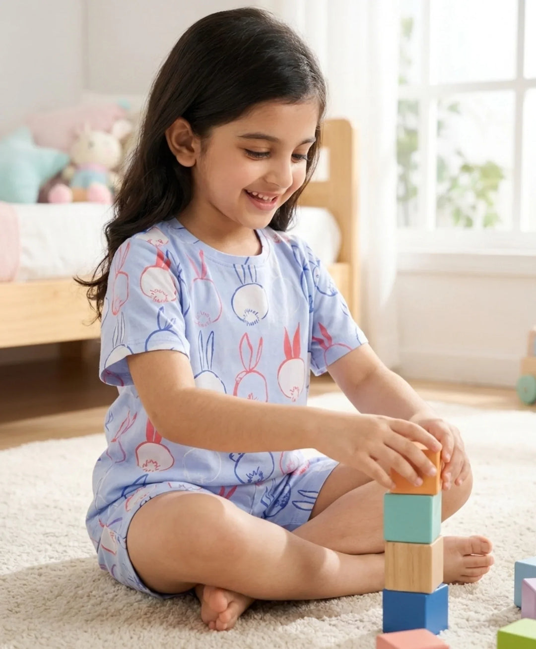 Rabbit Print Girls Sleepwear Short Set - Blue