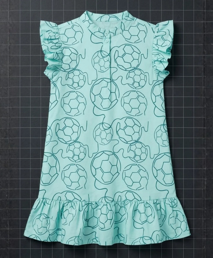 Football Abstract Girls Summer Frill Dress - Sky