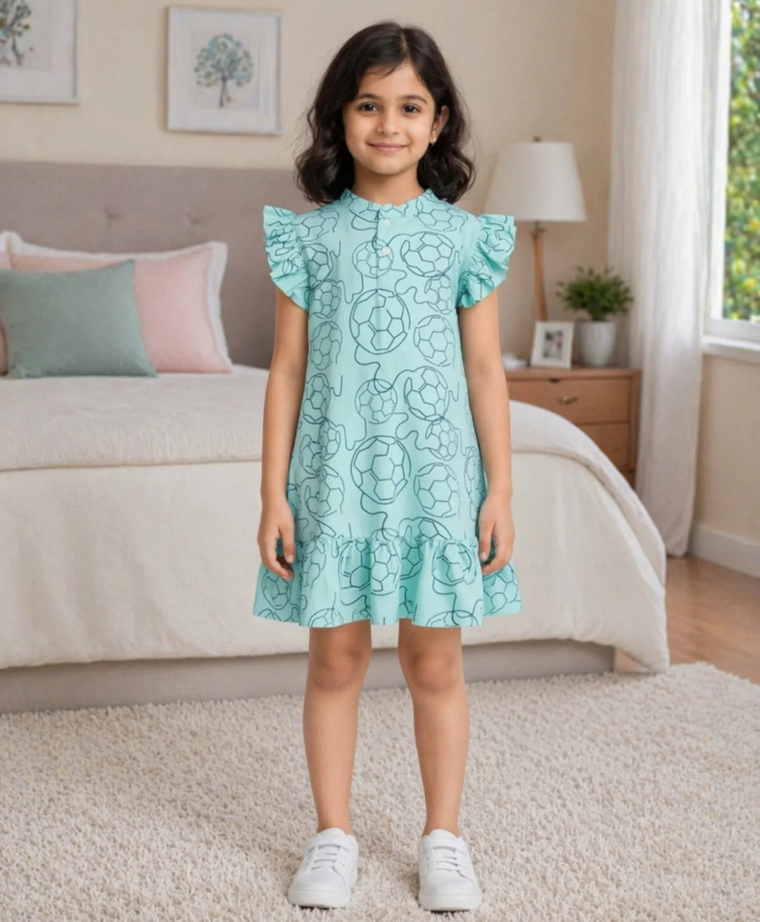 Football Abstract Girls Summer Frill Dress - Sky