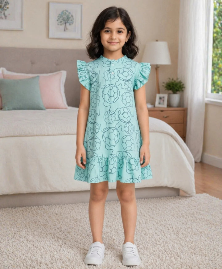 Football Abstract Girls Summer Frill Dress - Sky