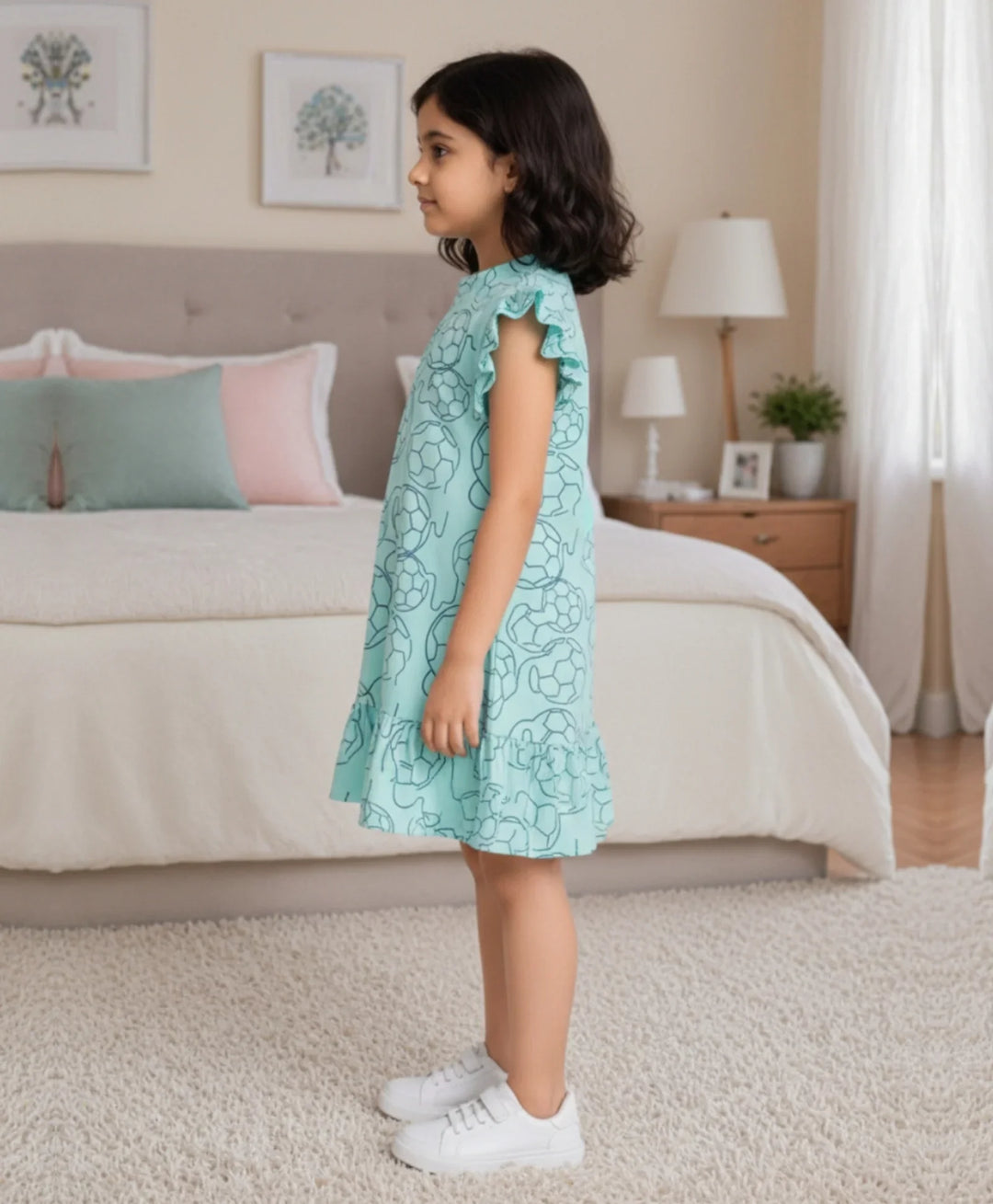 Football Abstract Girls Summer Frill Dress - Sky