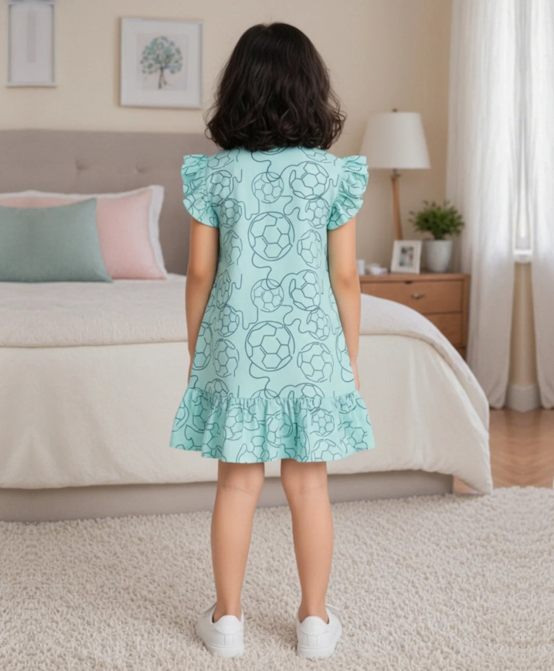 Football Abstract Girls Summer Frill Dress - Sky