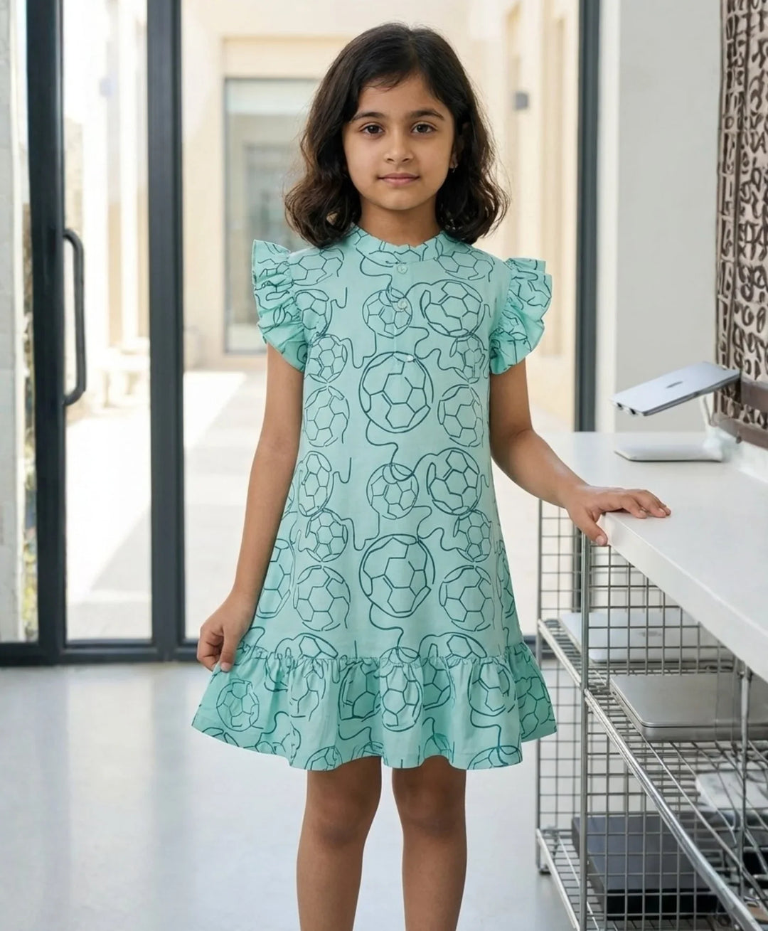 Football Abstract Girls Summer Frill Dress - Sky