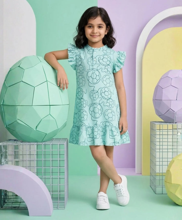 Football Abstract Girls Summer Frill Dress - Sky