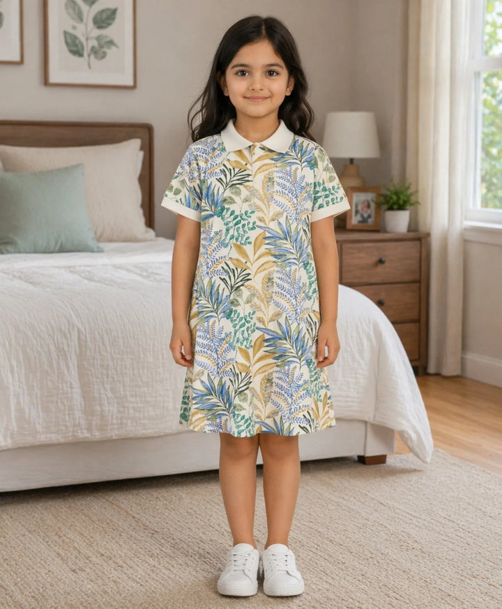 Palm Blue Girls Summer Polo Dress - Blue