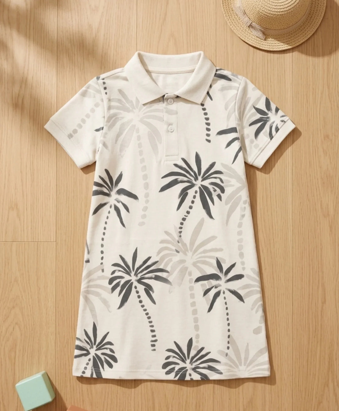 Palm Party Girls Summer Polo Dress - Off White