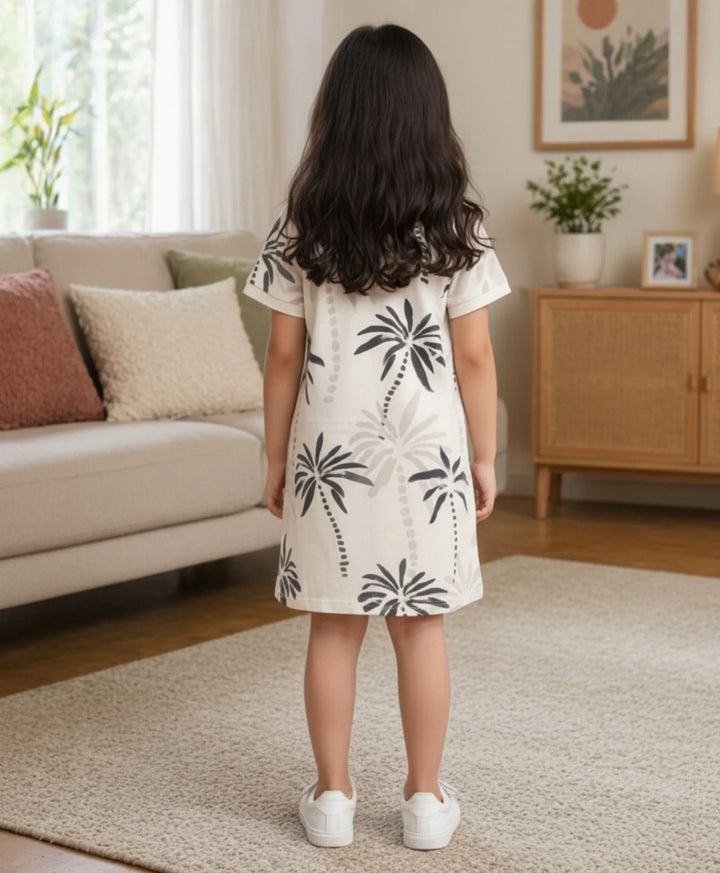 Palm Party Girls Summer Polo Dress - Off White