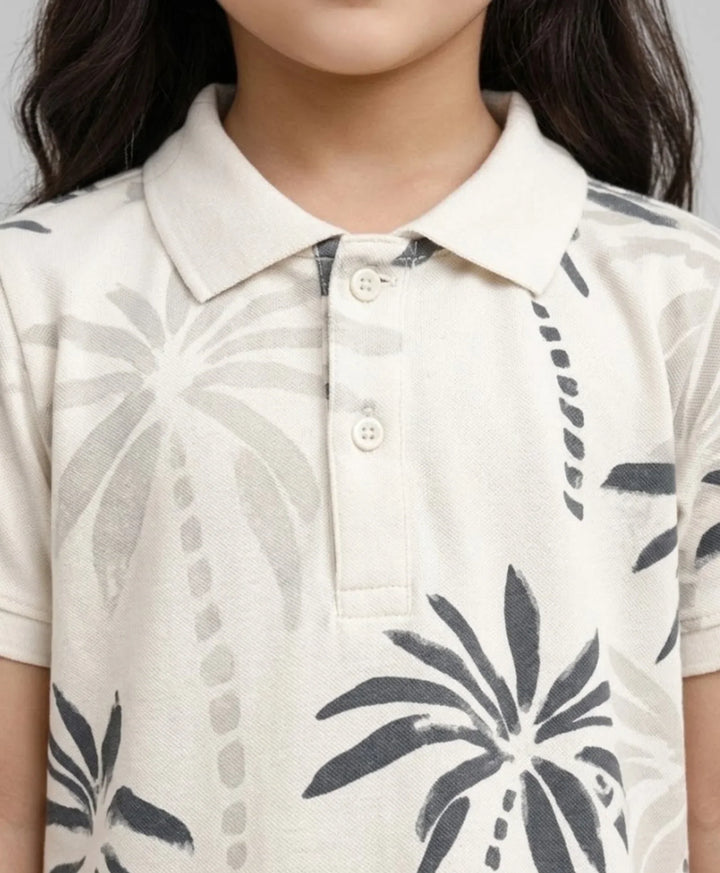 Palm Party Girls Summer Polo Dress - Off White