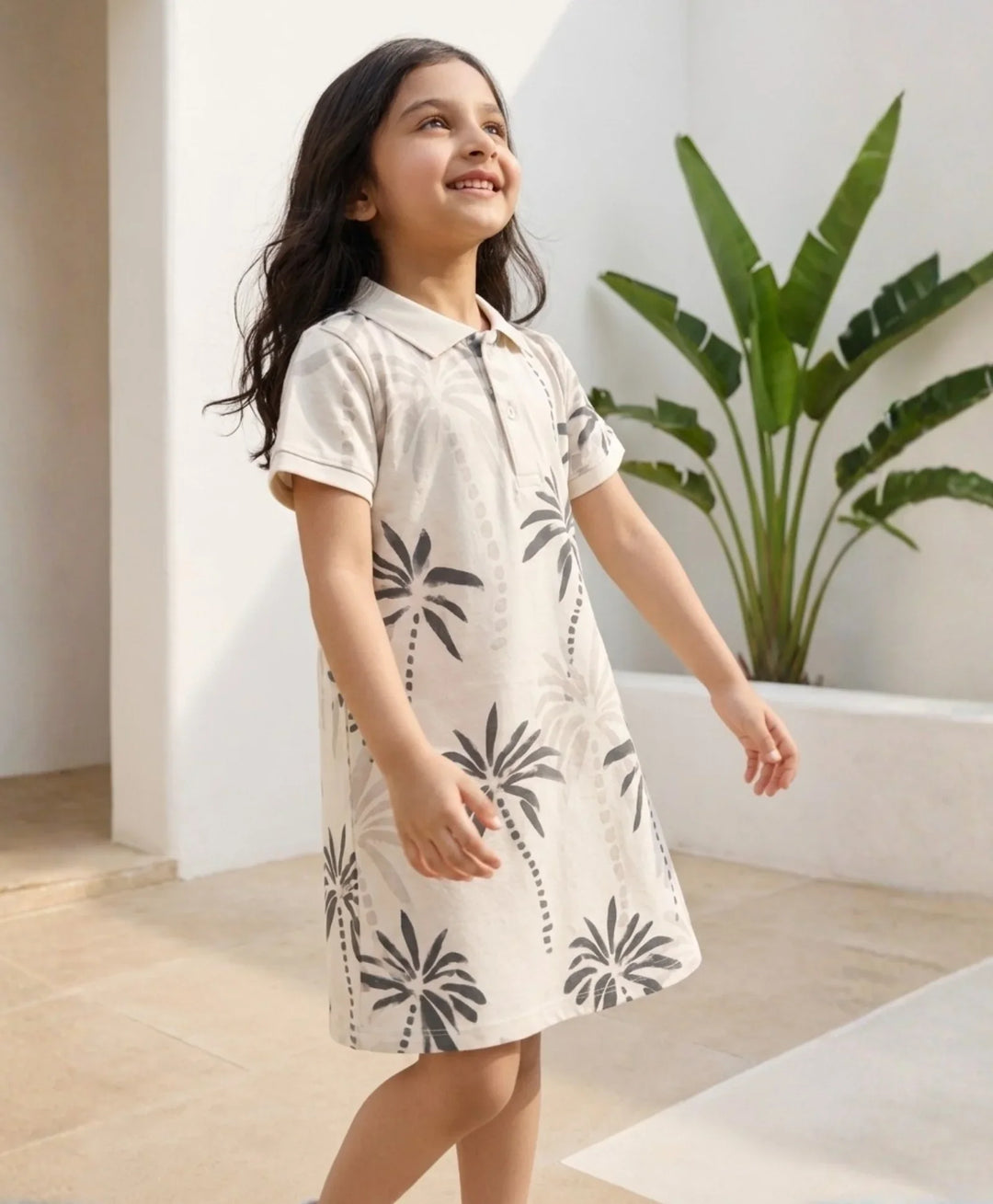 Palm Party Girls Summer Polo Dress - Off White