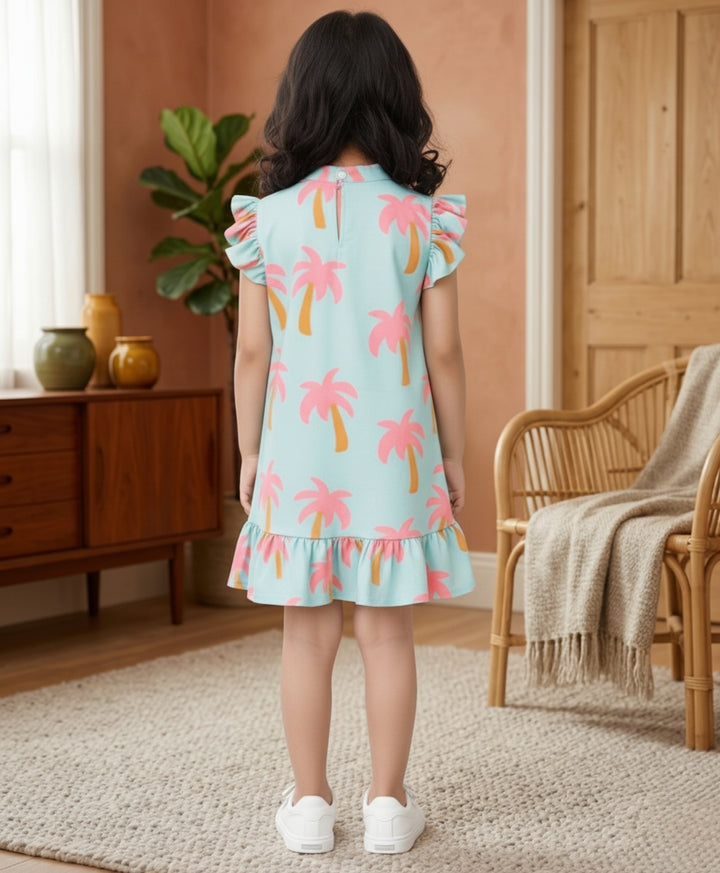 Palm Tree Girls Summer Frill Dress - Aqua