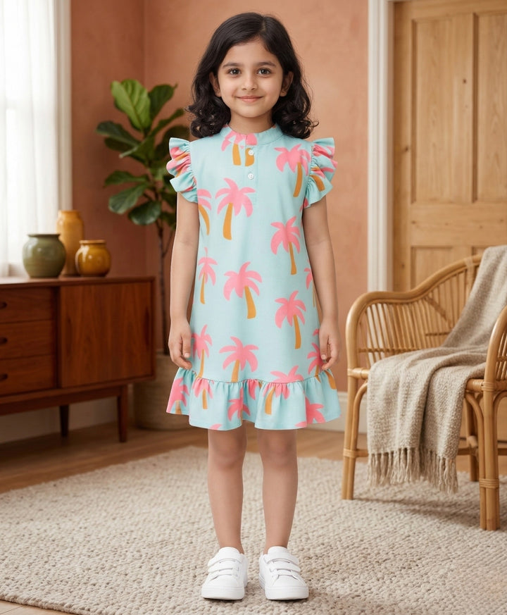 Palm Tree Girls Summer Frill Dress - Aqua