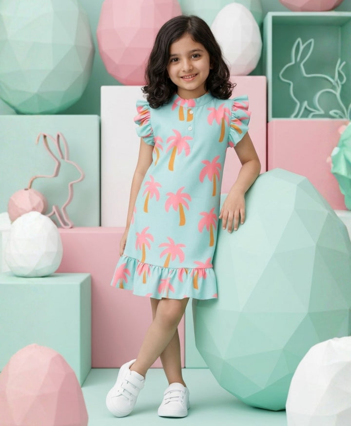 Palm Tree Girls Summer Frill Dress - Aqua