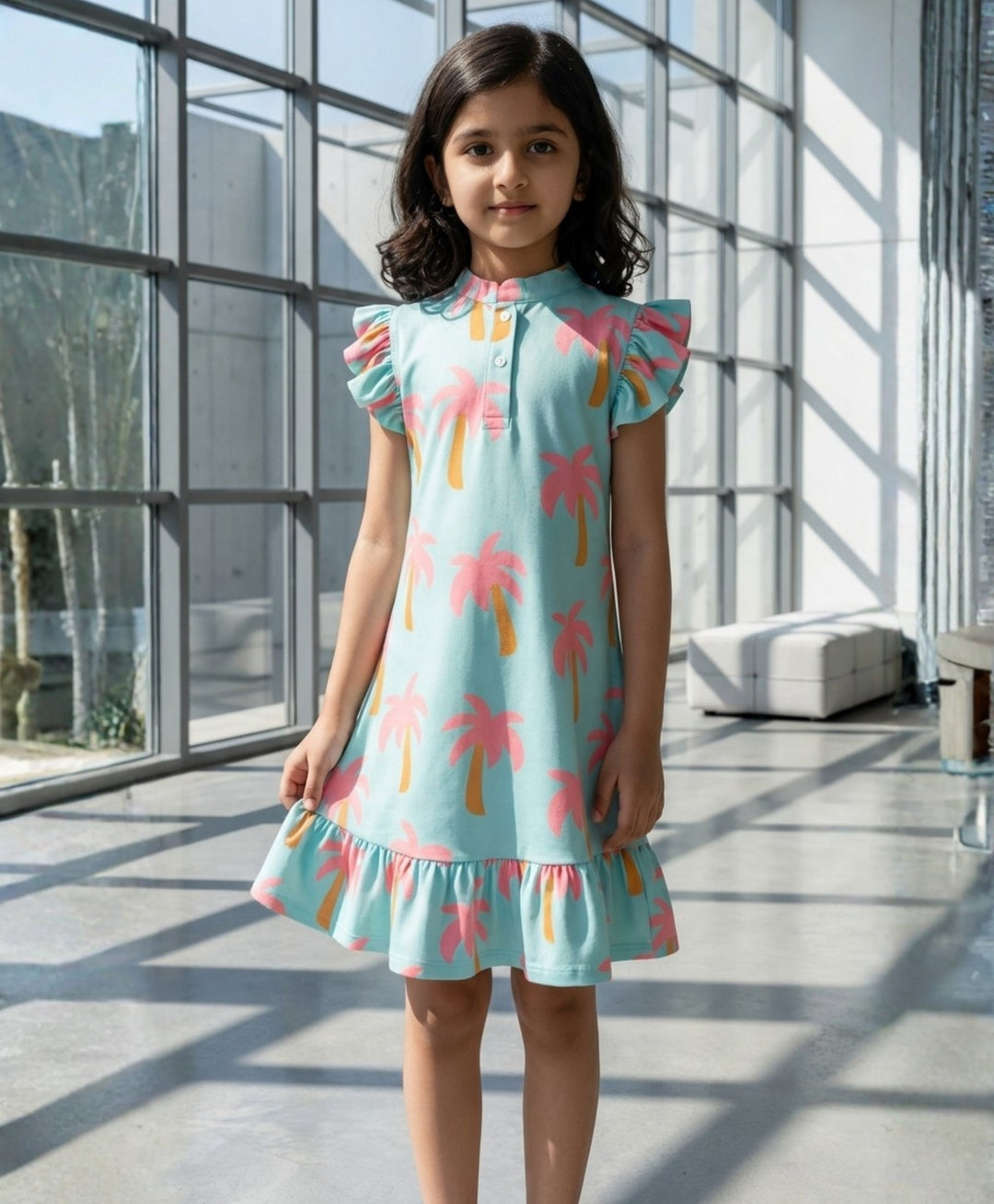 Palm Tree Girls Summer Frill Dress - Aqua