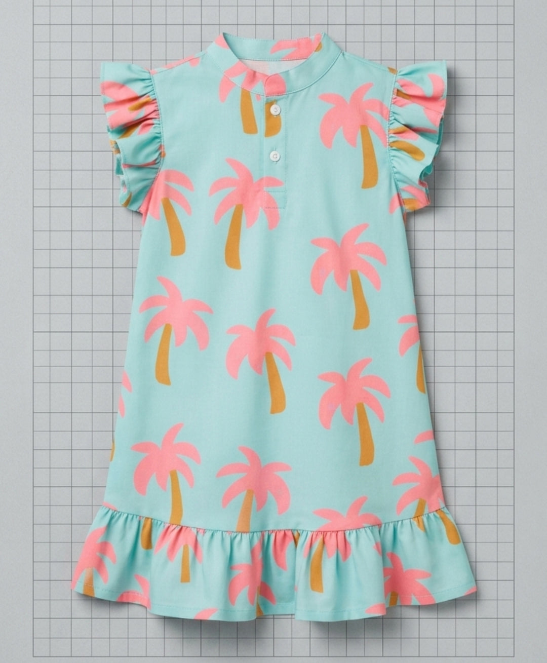 Palm Tree Girls Summer Frill Dress - Aqua
