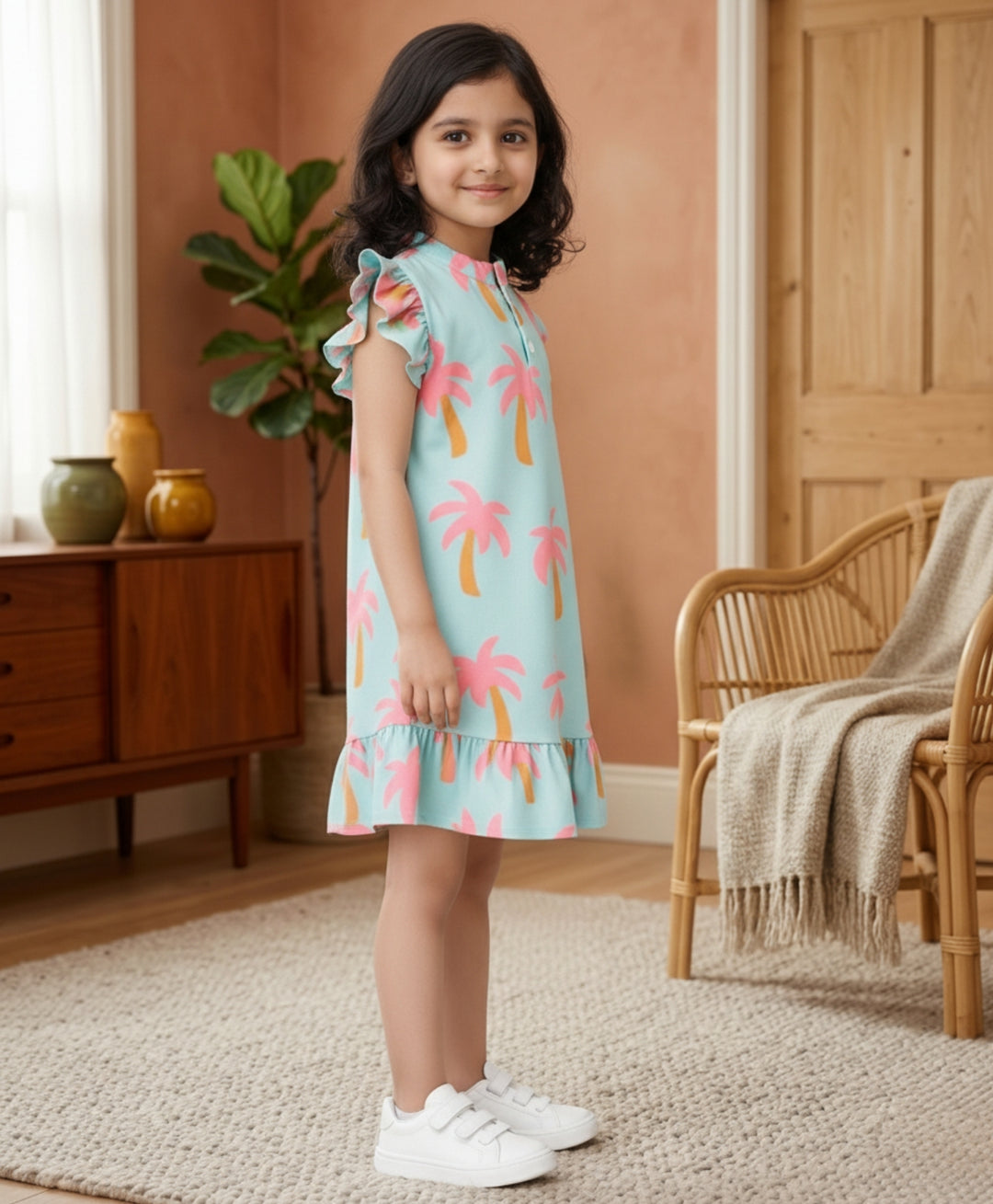 Palm Tree Girls Summer Frill Dress - Aqua