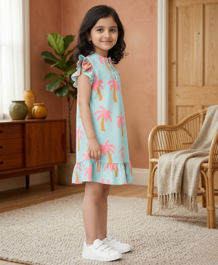 Palm Tree Girls Summer Frill Dress - Aqua