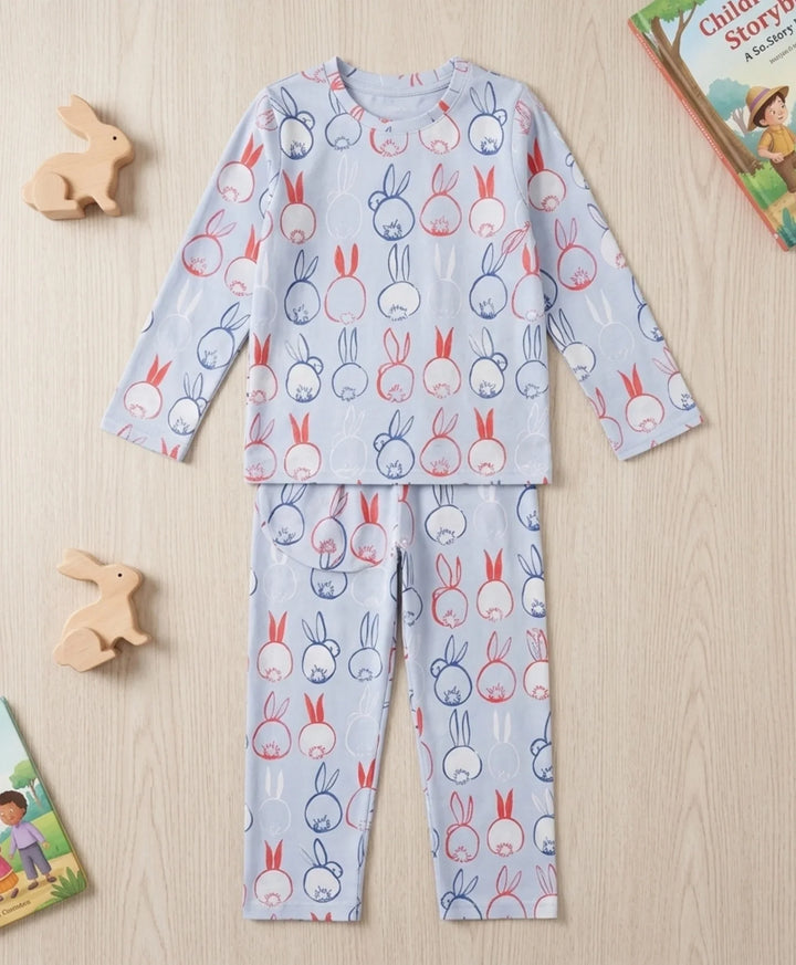 Rabbit Print Boys Long Sleeve Pyjama Set - Blue