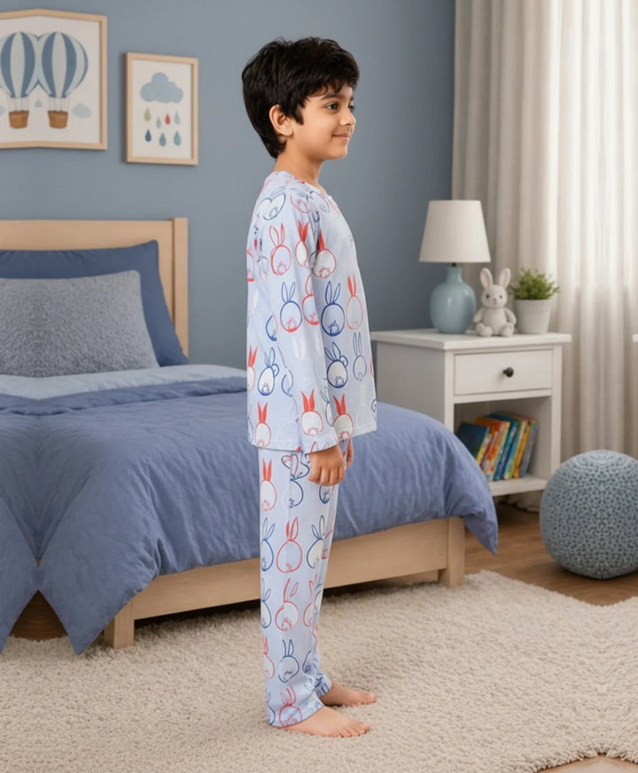 Rabbit Print Boys Long Sleeve Pyjama Set - Blue