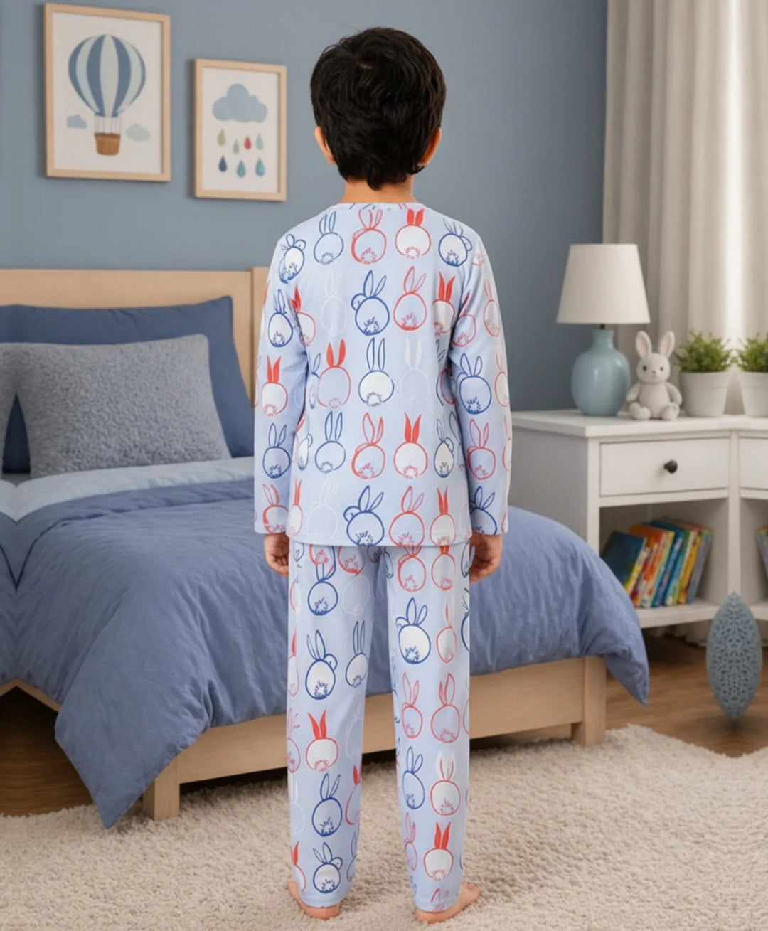 Rabbit Print Boys Long Sleeve Pyjama Set - Blue